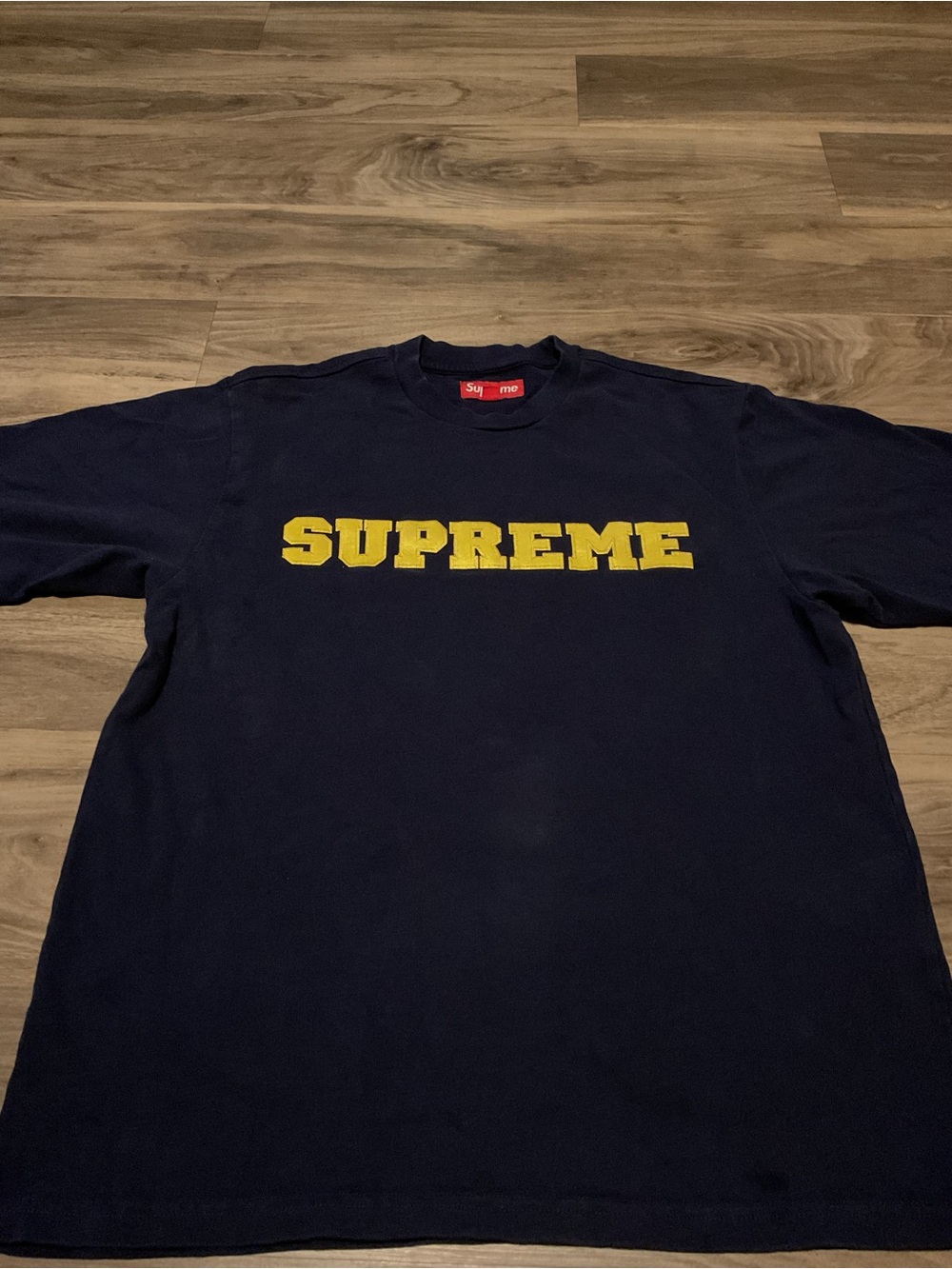 Supreme Navy Short Sleeve Tee with Yellow Chest Logo - Picture 3 of 6